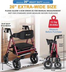Heavy-Duty Rollator Walker with Seat, 12″ Front Wheels, Bariatric, Red