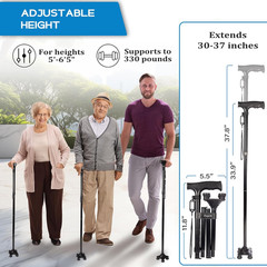 Folding Quad Cane Lightweight Height Adjustable Non-Slip Free Standing