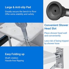 Folding Shower Bench Wall Mounted Flip Up Bath Seat Height Adjustable For
