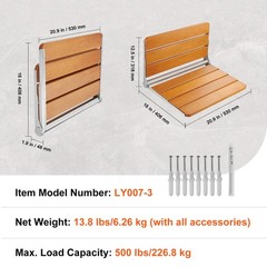 Teak Wall Mount Folding Shower Seat, Fold Up Bench – 500 lb Capacity