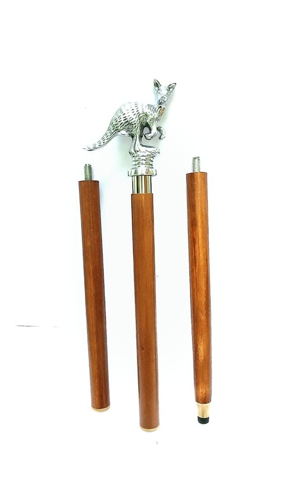 Antique Designer Brass Kangaroo Style Handle Wooden Solid Cane Walking Stick