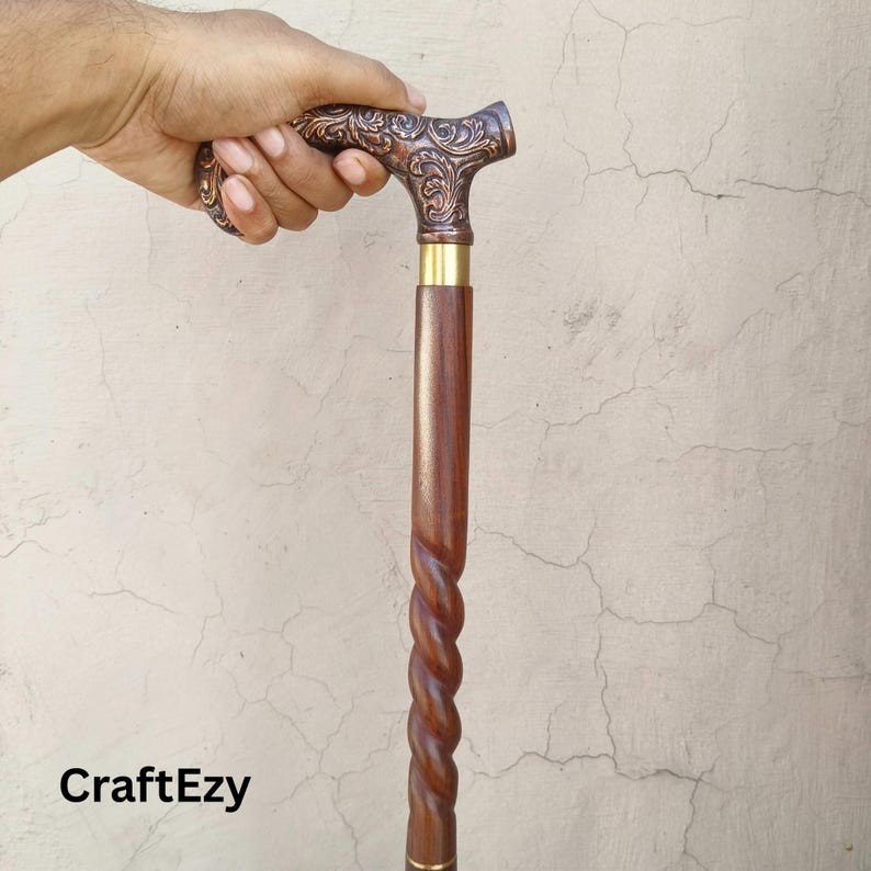Wooden Walking Stick Brass Derby Floral Handle Cane Handmade Spiral Shaft 36″