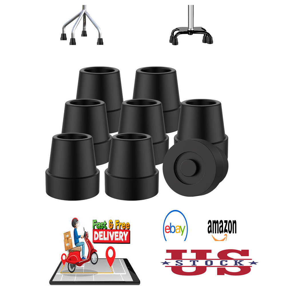 Quad Cane Tips 1/2 Inch Set of 8 Heavy Duty Rubber Replacement Non Slip Footpads