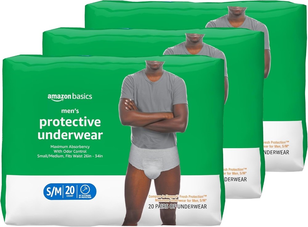 Amazon Basics Men’s Incontinence Underwear Adult Diapers Small Medium 60 Count