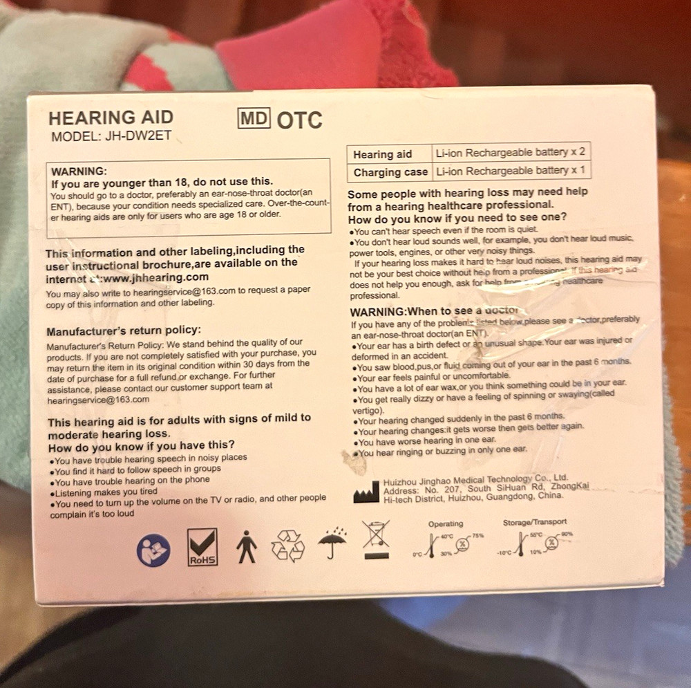 BIBIED OTC RoHS BTE Rechargeable Hearing Aid White JH-DW2ET w/Case