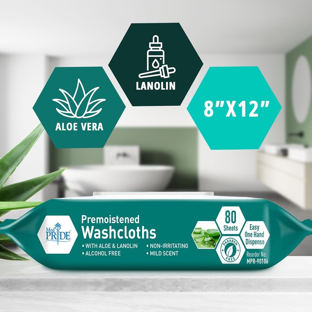 „MED PRIDE Disposable XL Premoistened Washcloths 8” x 12” Pack of 80 – Adult