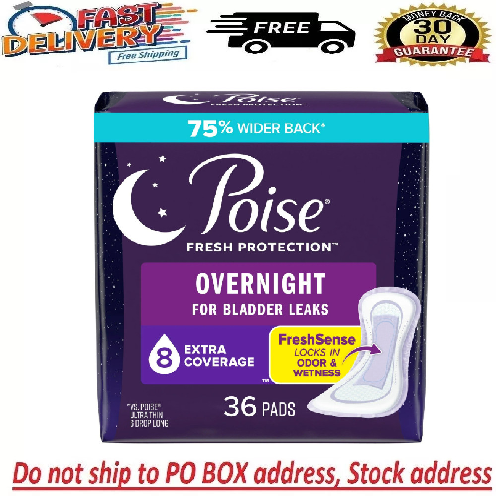 Poise Overnight Incontinence Pads for Women, 8 Drop Extra Coverage, 36 Count