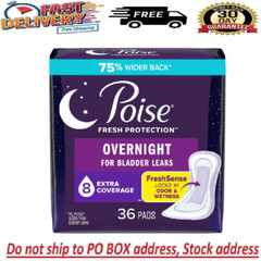 Poise Overnight Incontinence Pads for Women, 8 Drop Extra Coverage, 36 Count
