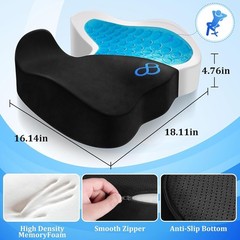 Tailbone Pain Relief Cushion with Removable Cover – Ergonomic Gel Comfort, Black