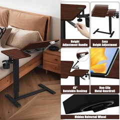 Adjustable Overbed Bedside Table with Wheels, Rotatable Desktop Height-Adjust…