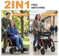 SUCCU 2-in-1 Rollator Walker Transport Chair, Foldable Seat, 400 lb, Red/Black