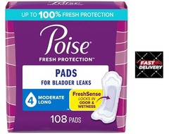 Poise Incontinence Pads for Women, 4 Drop Moderate Absorbency, Long Length, 108
