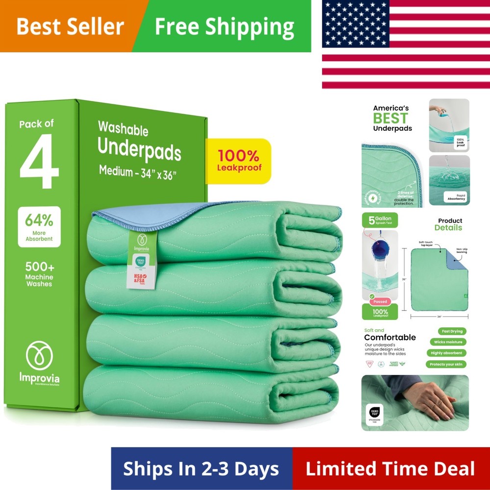 Washable Underpads, 34″ x 36″ Pack of 4 – Heavy Absorbency Reusable Bedwettin…