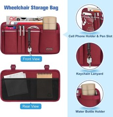 FINPAC Wheelchair Side Storage Bag w/Cup Holder, Armrest Burgundy