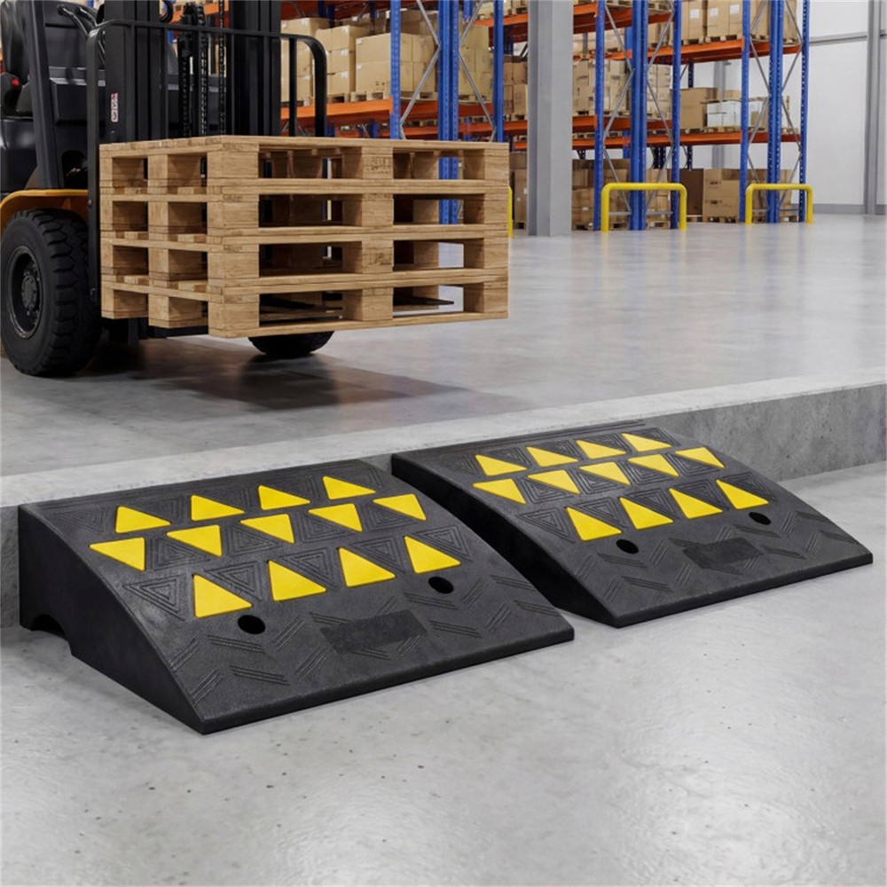 2 Pcs Medium Heavy Duty Rubber Curb Ramp with Drain Channel Reflective Strips