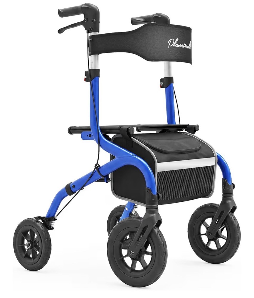 PlanetWalk Super Lightweight Rollator Walker w/Seat Blue, 300lb 10”& 8” Wheel
