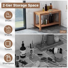 30 Inch Teak Wood Shower Bench Inside Shower Stool w/ Storage Shelf for Adults