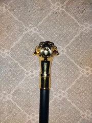 Walking Cane Decorative Gold Tone Dog Head Handle, Black Gold, Metal
