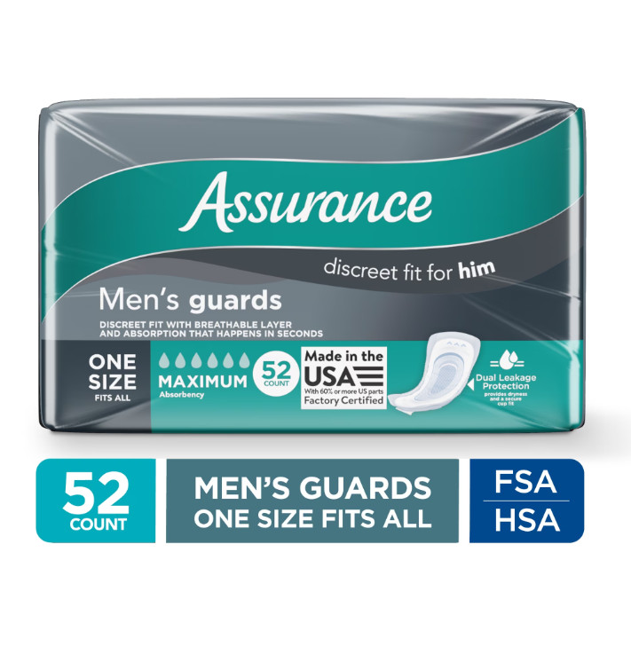 Assurance Men’s Guards, Maximum Absorbency, One Size Fits All, 52 Count