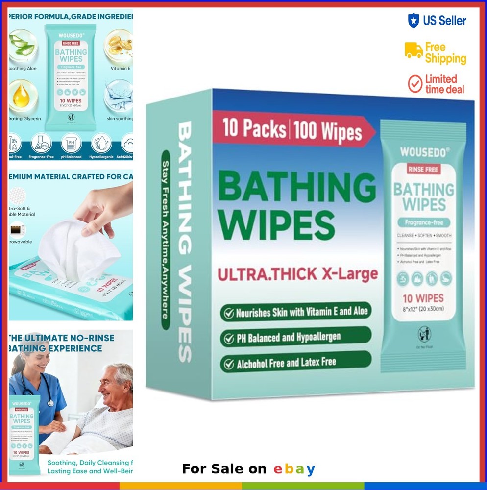 Adult Bathing Wipes 100 Count Extra Thick 8×12 Inch Disposable Body Cleansing
