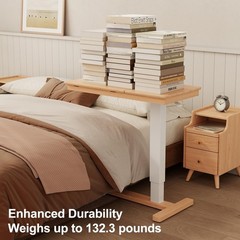 Solid Wood Overbed Bedside Table with Wheels, Adjustable Medical Tilt Top Hospit