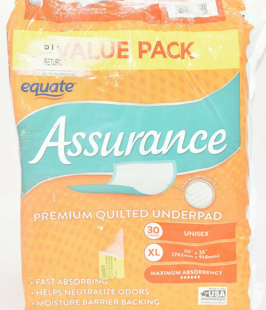 EQUATE 136041 Assurance Premium Quilted Underpad, Size XL – 30 Count