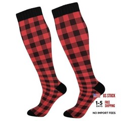 JUNZAN Buffalo Plaid Red Black Knee High Socks Compression Socks for Women Men