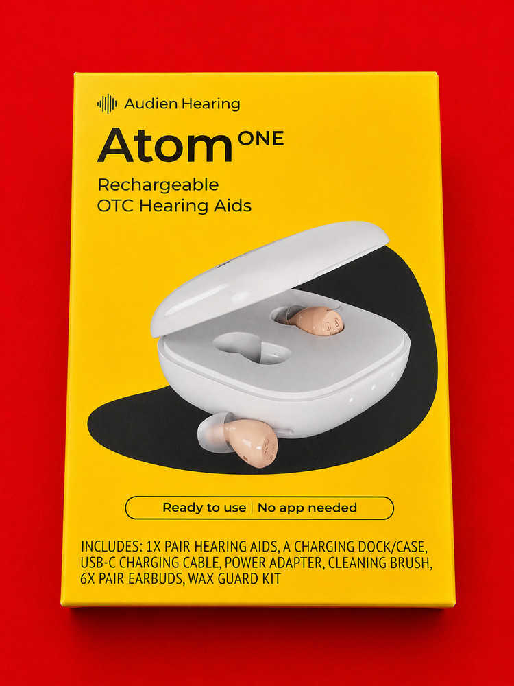 Audien Hearing Atom One Rechargeable OTC Hearing Aids Pair w/ Charging Case