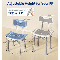 16.5 In. W Adjustable Height Aluminum Shower Chair in Gray for Elderly and Disab