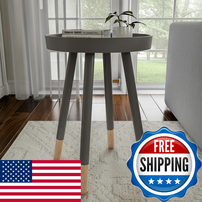 Lavish Home Round End Table – Wooden Mid-Century Modern Side Table Tray Top And