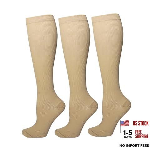 3 Pairs Compression Socks for Women Men 15-20 mmHg Athletic Small-Medium Beige