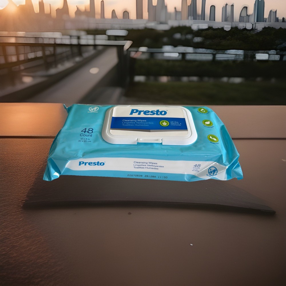 Presto Cleansing Wipes 1 Pack 48 Counts 12×8 In, Alcohol Free, Hypoallergenic