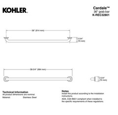 Kohler Cardale 36″ Grab Bar REC32801-2BZ Oil Rubbed Bronze Bathroom