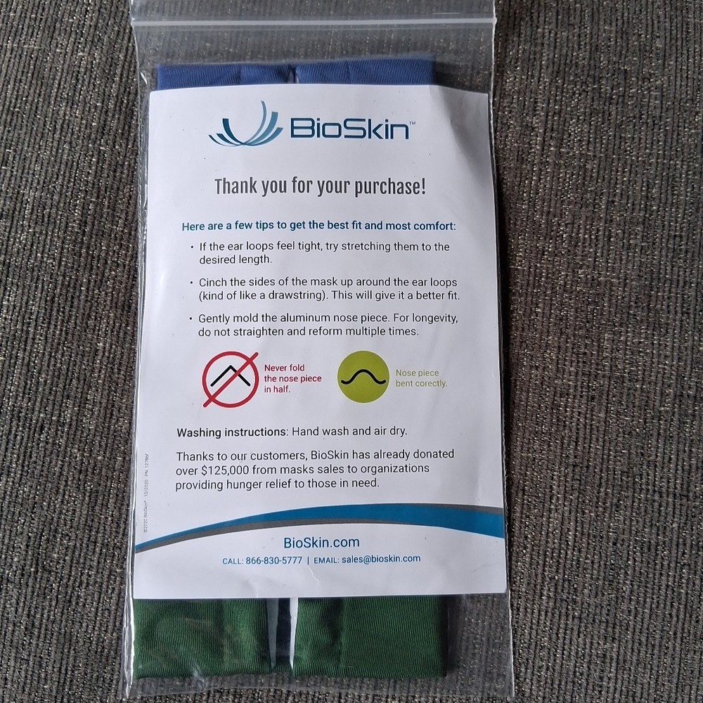 NEW 3 PACK BioSkin Ear-loop Face Mask with Nose Piece – Blue Black Green- 12786F