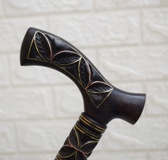 Hand Carved Ebony Wood Walking Cane: Egyptian Brass Copper Inlaid Stick 38 inch