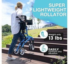 Planetwalk Rollator Walker Super Lightweight Non Slip Rubber Wheels 300lbs Blue