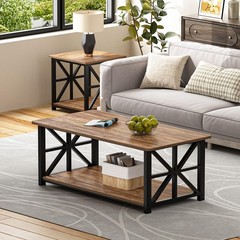 Greenforest Coffee Table Round Corner Farmhouse Center Table 2-Tier Storage