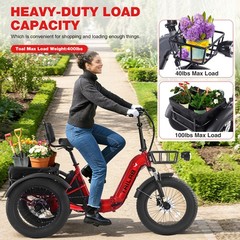 500W 48V Folding Electric Cargo Trike,20″x4″ Fat Tire 3-Wheel,Tricycle for Adult