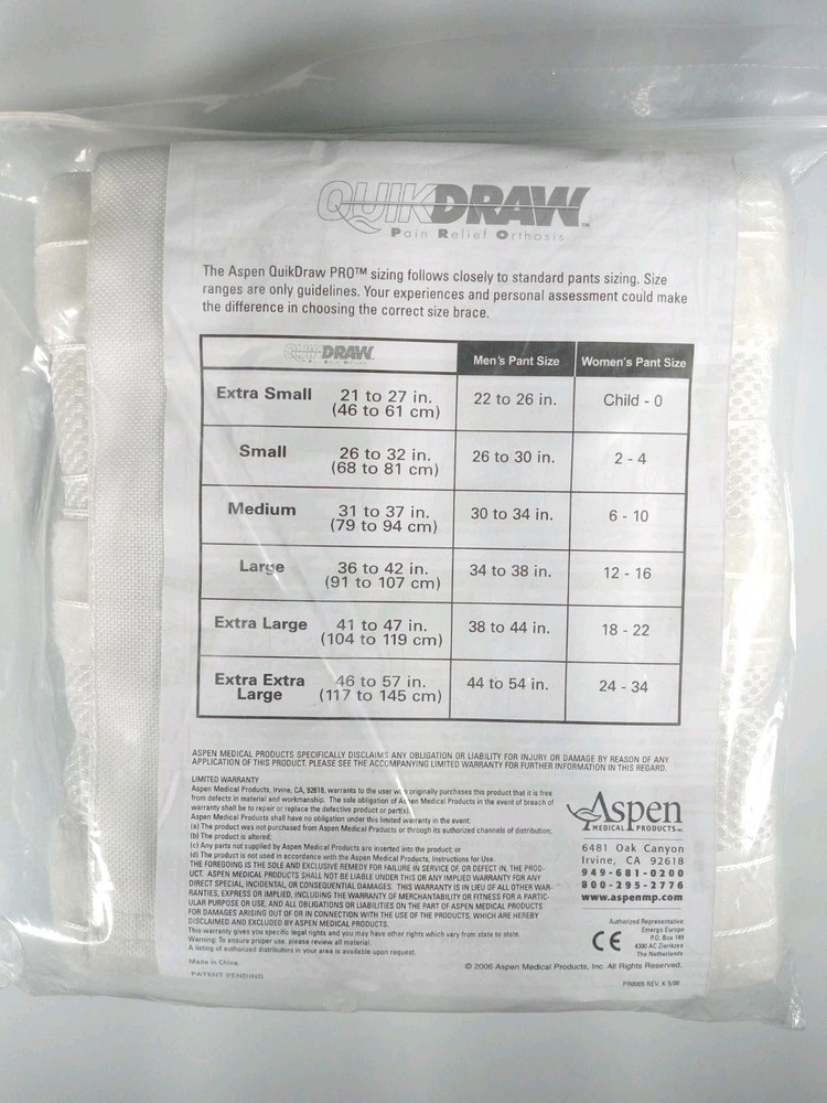 Aspen Quickdraw Rigid Anterior Panel XS 21 – 27in Pain Relief Orthosis 0835023