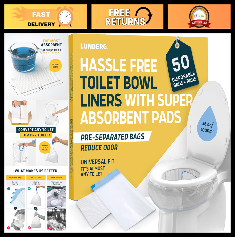 Super Absorbent Toilet Liners – 50 Disposable Bags for Dry Flush – Universal Fit