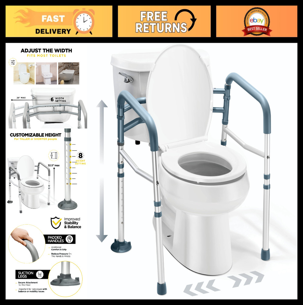 Adjustable Toilet Safety Rail with Handles – Heavy-Duty Stand Alone Frame for El