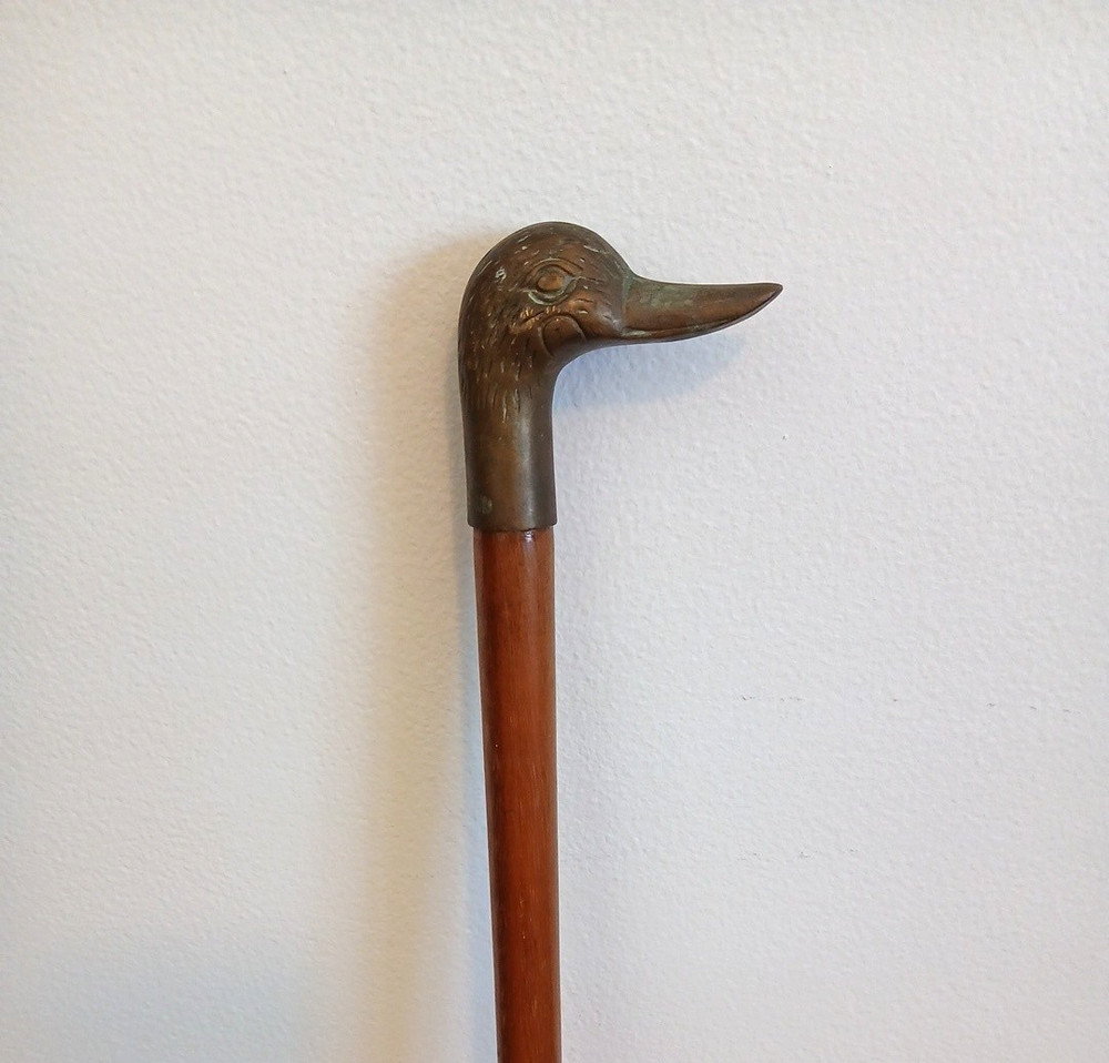 Vintage Brass Duck Head Walking Cane 36” Light Wood Collapsible 2 Piece Stick