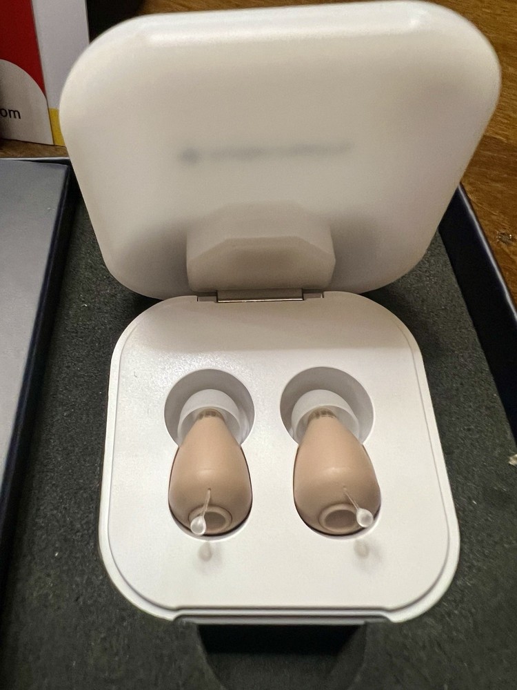 Audien Hearing Atom One CIC Rechargeable Hearing Aids, Case, Cable, Manual