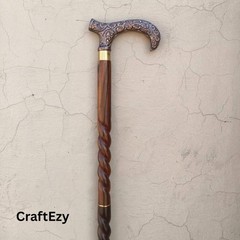 Wooden Walking Stick Brass Derby Floral Handle Cane Handmade Spiral Shaft 36″