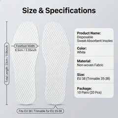 10 Pairs Disposable Shoe Liners Breathable Thin Insole 24 cm/9.5 Inch, White