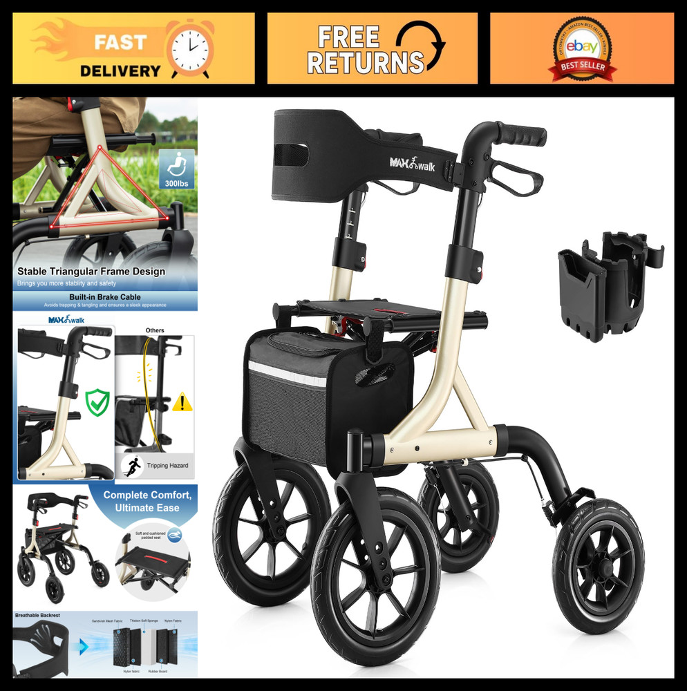 All-Terrain Rollator Walker with Seat, 12″ Rubber Wheels, Backrest, Cup Holder,