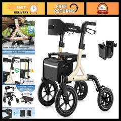 All-Terrain Rollator Walker with Seat, 12″ Rubber Wheels, Backrest, Cup Holder,