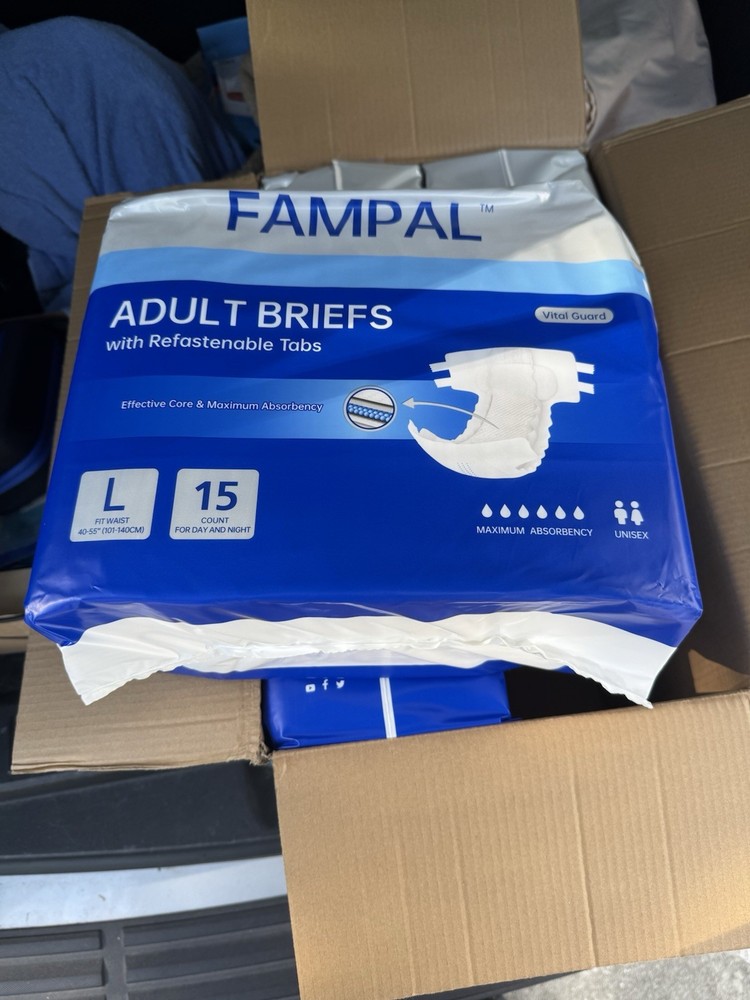 FAMPAL Max Absorbency Adult Briefs With Tabs, (15 Count) (White, Size: Large)