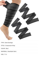 Elastic Bandage Wraps, 2 Pc, 71 In, Black, Adjustable Calf Thigh Support