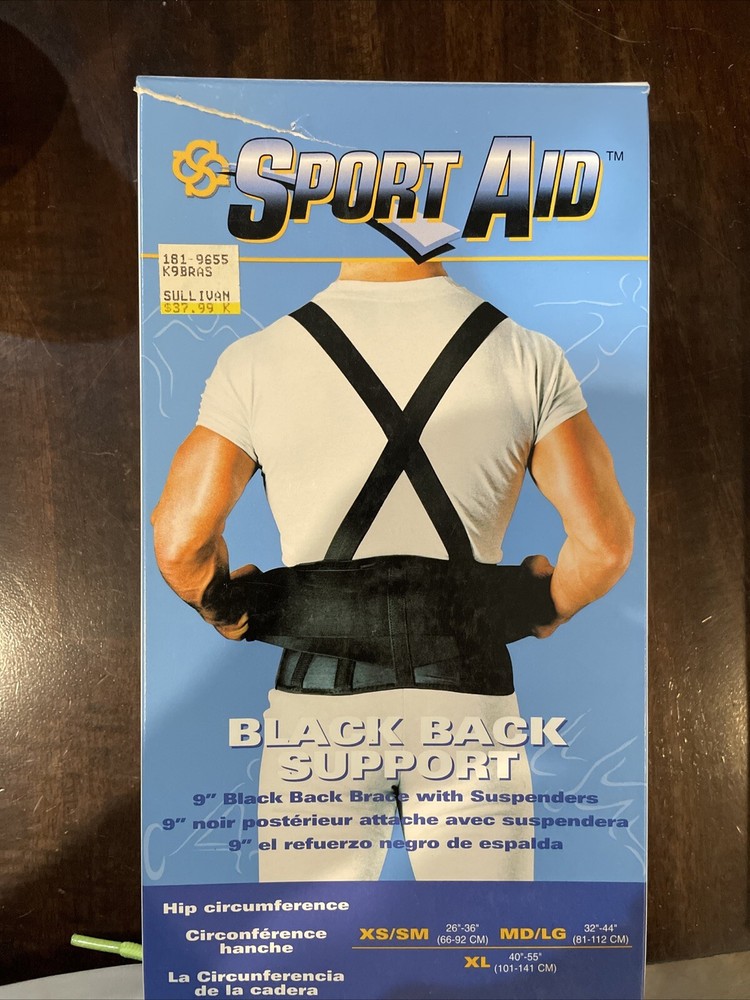 Sport Aid 9” Black Back Support Brace with Suspenders – M/L New In Box